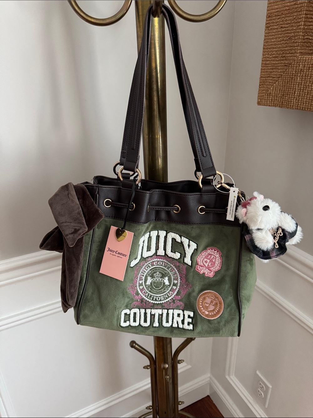 Juicy Couture Olive Green Suede Shoulder Bag with Black Straps